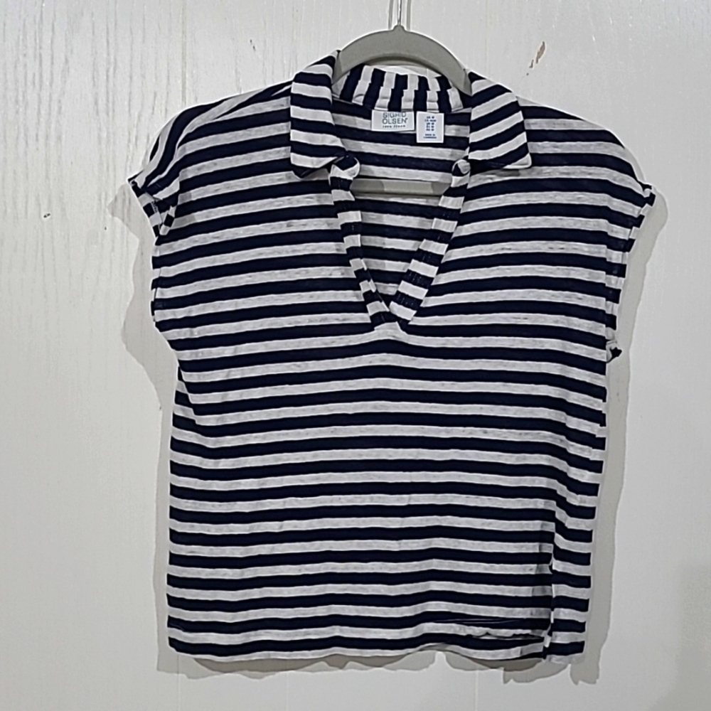 Sigrid Olsen Womens Navy & White Striped Linen V-Neck Top Blouse Tee Size Medium - Picture 5 of 5